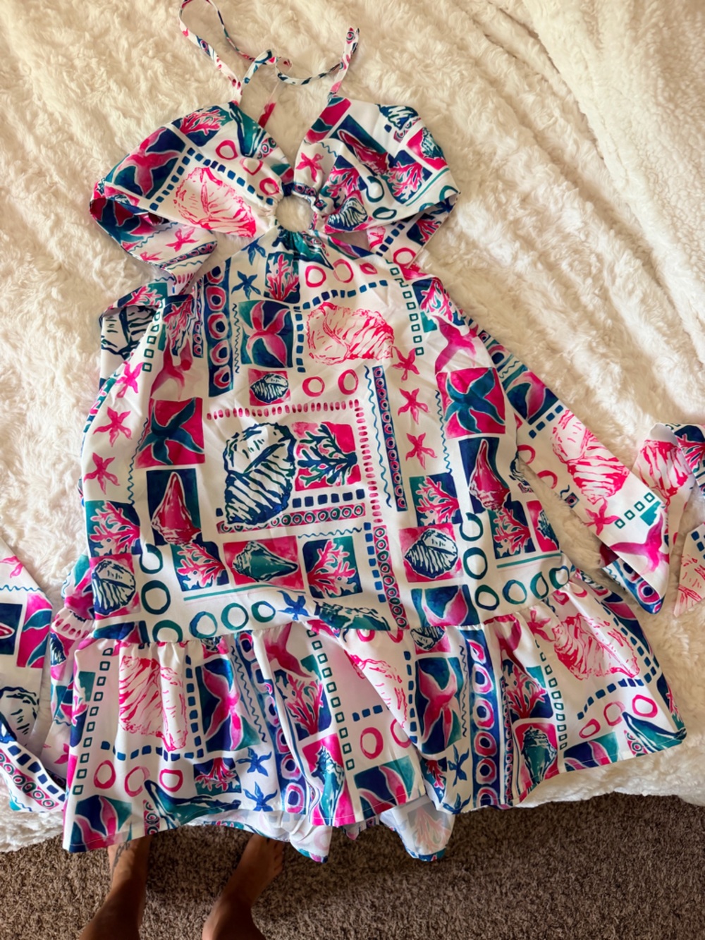 Seashell Print Beach Cover-Up in Pink & Teal